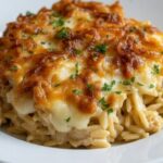 cozy french onion chicken orzo casserole your new comfort food obsession featured