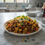 easy one pan beef taco rice dinner featured