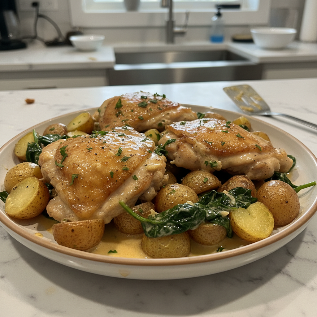 Hearty One Pan Creamy Garlic Chicken Dinner 4 Recipe image