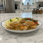 easy oven baked chicken with herb gravy dinner featured
