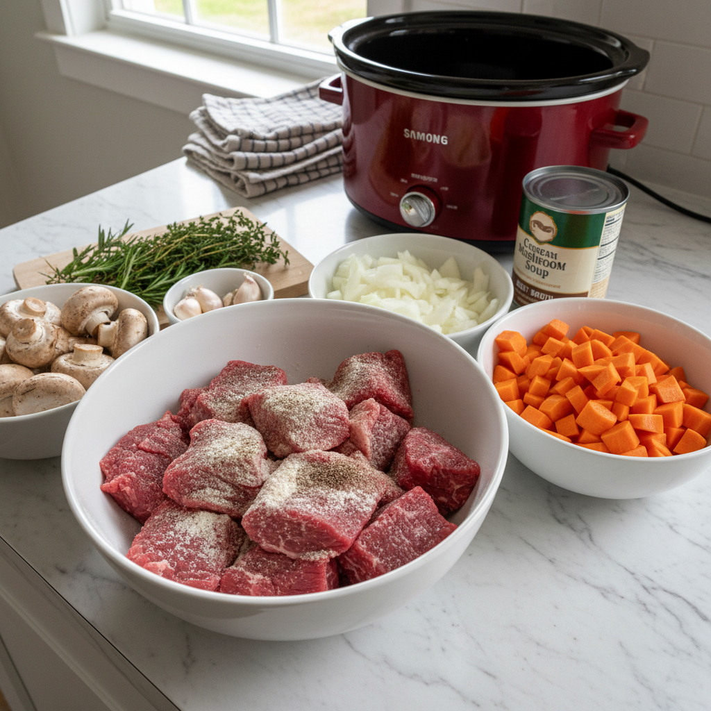 Quick Slow Cooker Beef Tips Dinner - cooking process